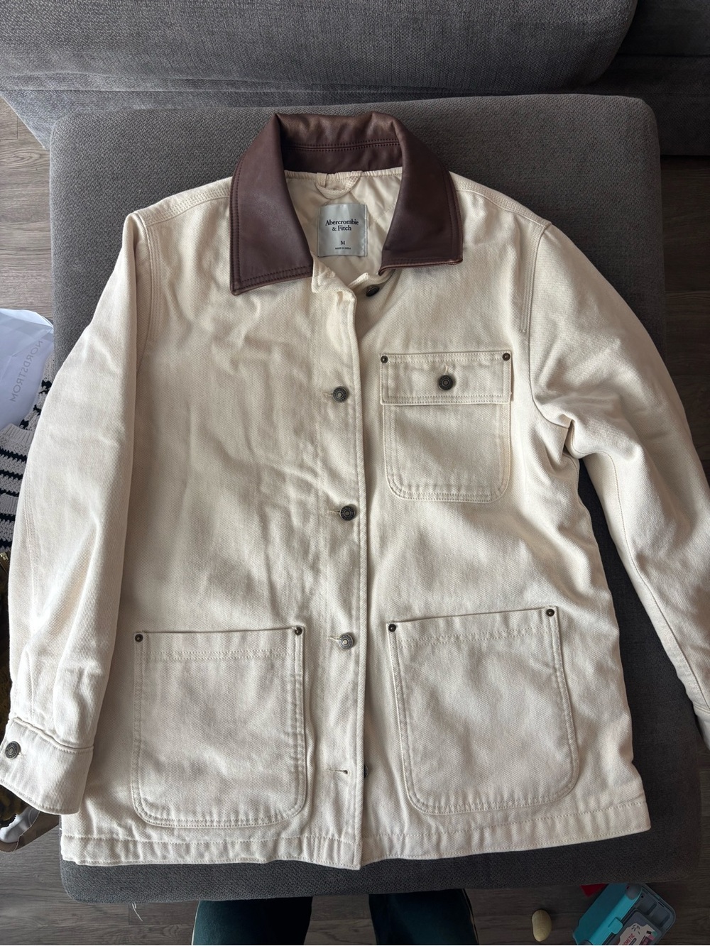 Abercrombie & Fitch Cream Canvas Jacket with Brown Leather Collar